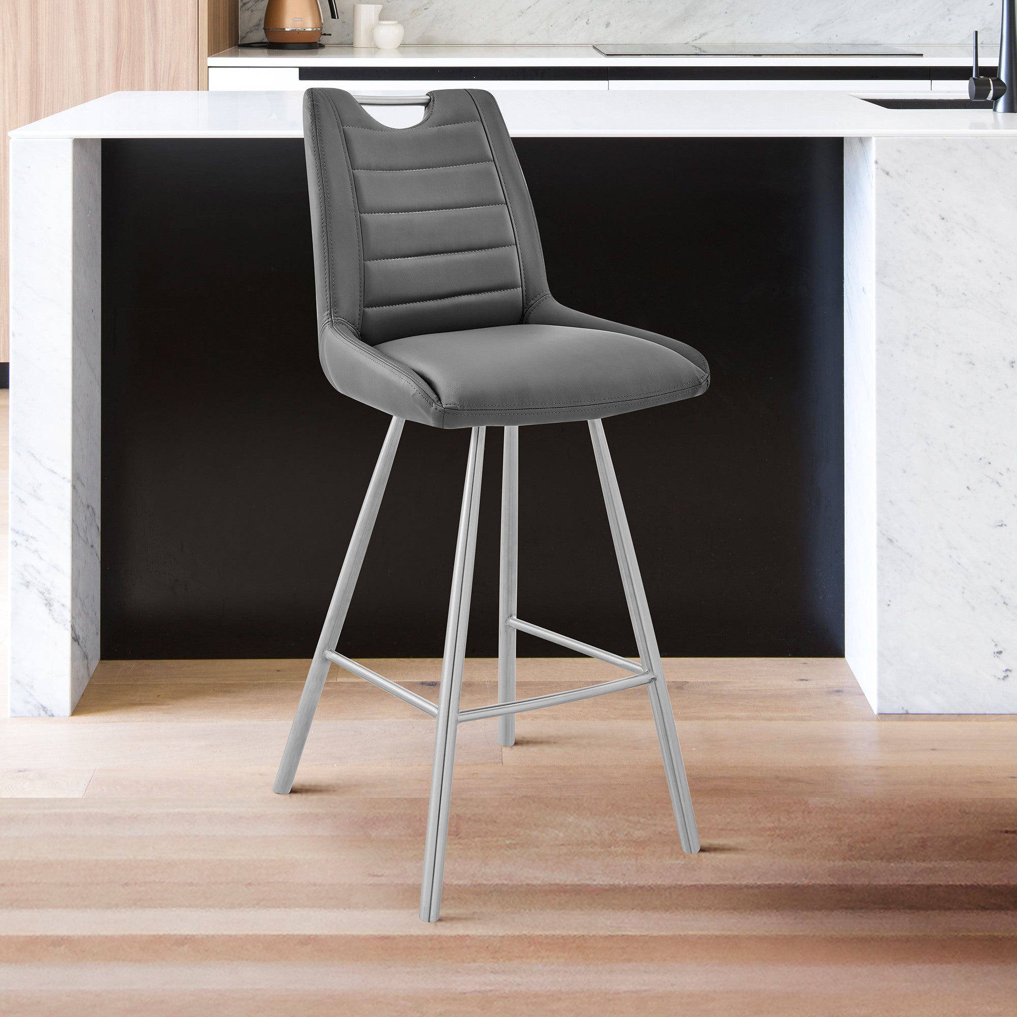 30" Grey Faux Leather and Brushed Stainless Steel Bar Stool