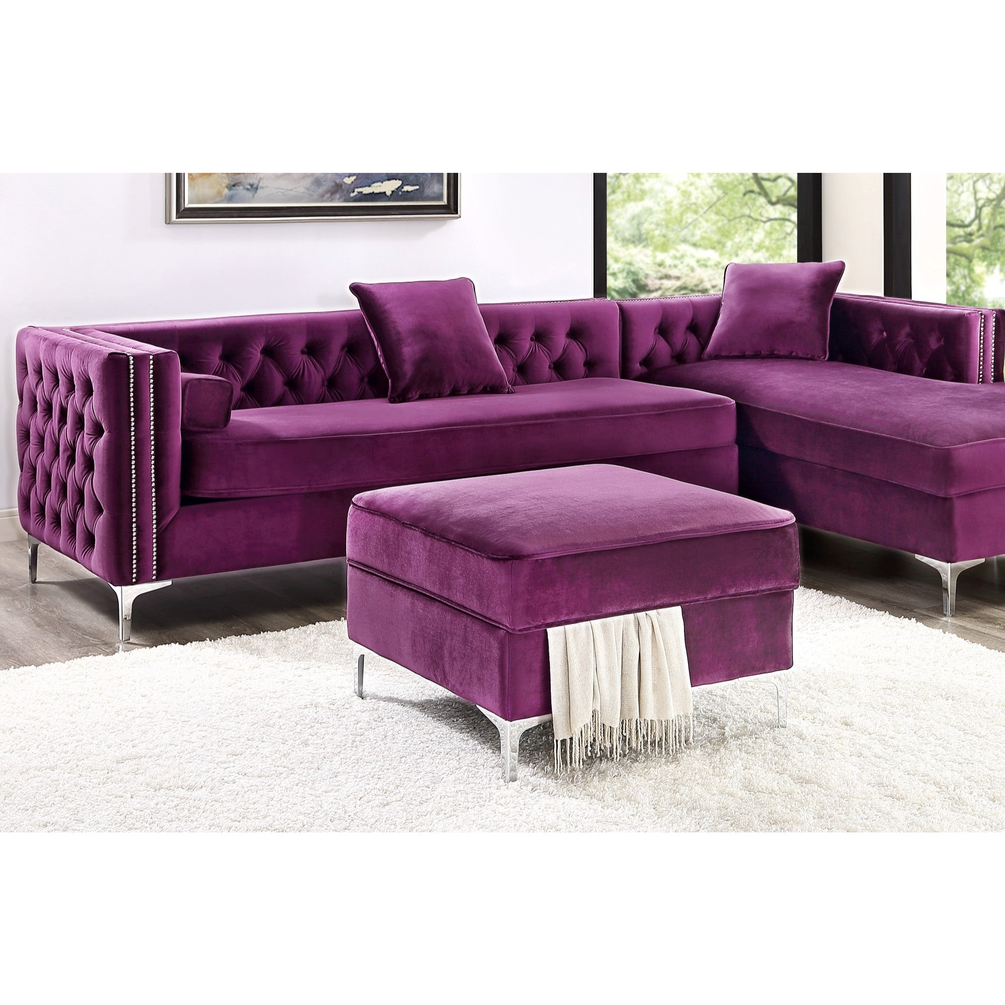 30" Purple Velvet And Silver Storage Ottoman