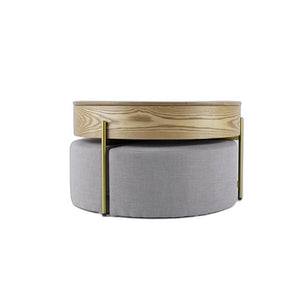 31" Brown And White Stone Round Lift Top Coffee Table with three ottomans