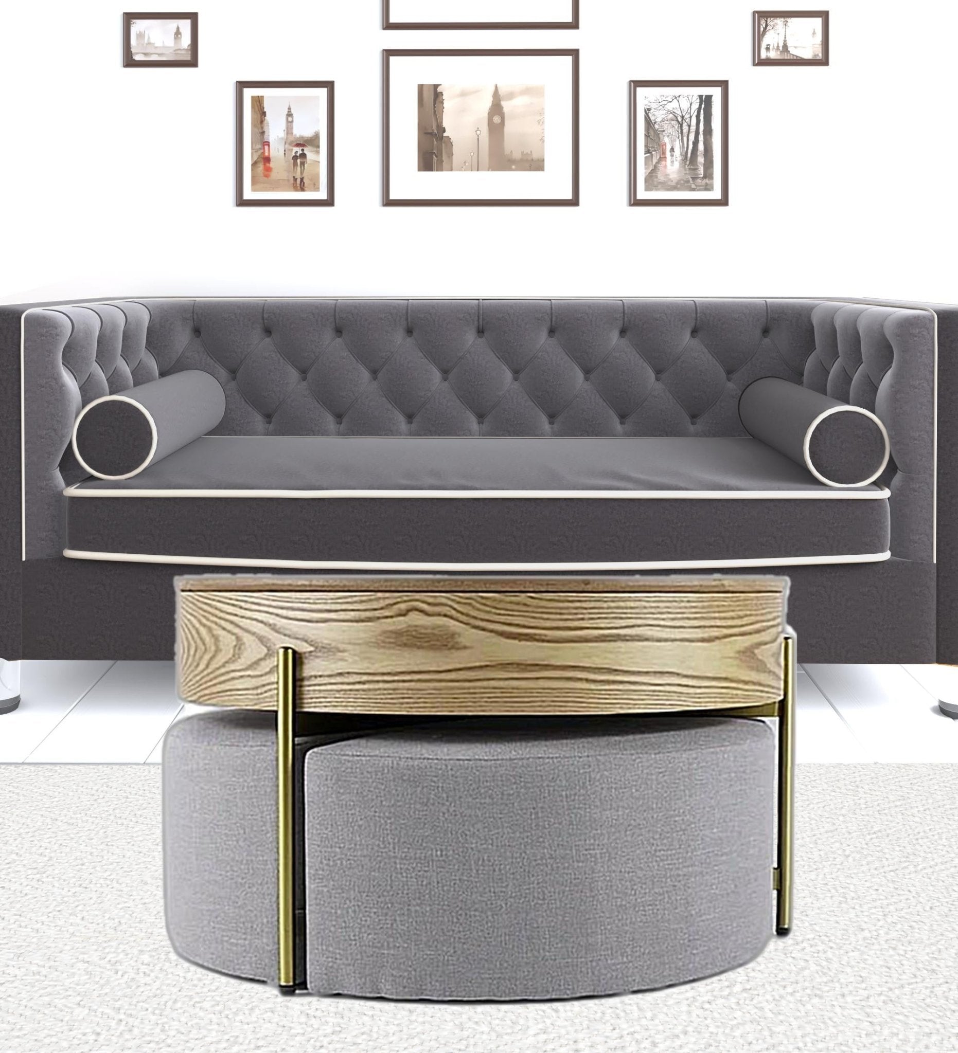 31" Brown And White Stone Round Lift Top Coffee Table with three ottomans