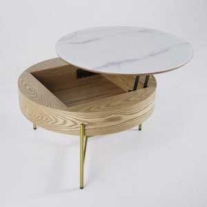 31" Brown And White Stone Round Lift Top Coffee Table