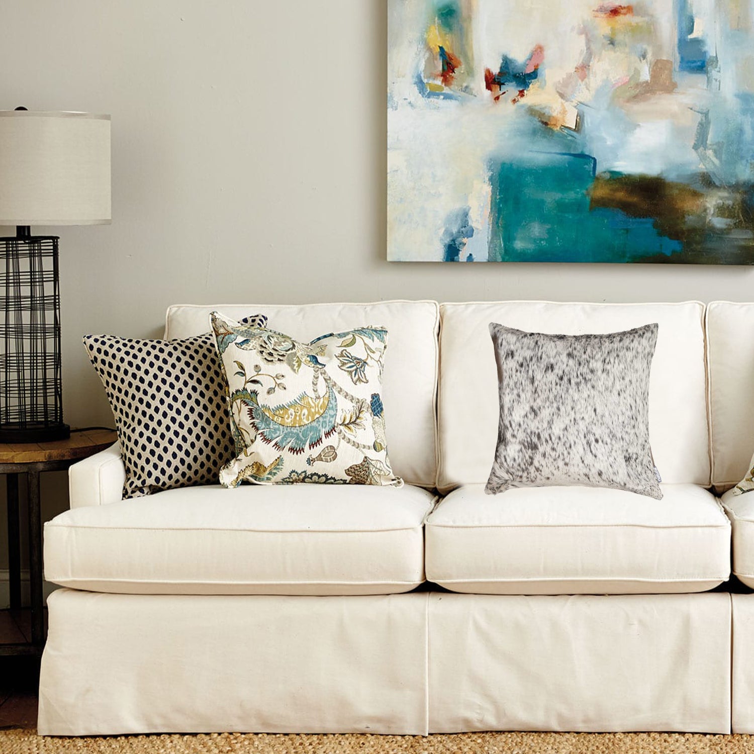 18 X 18 Gray And White Cowhide Throw Pillow