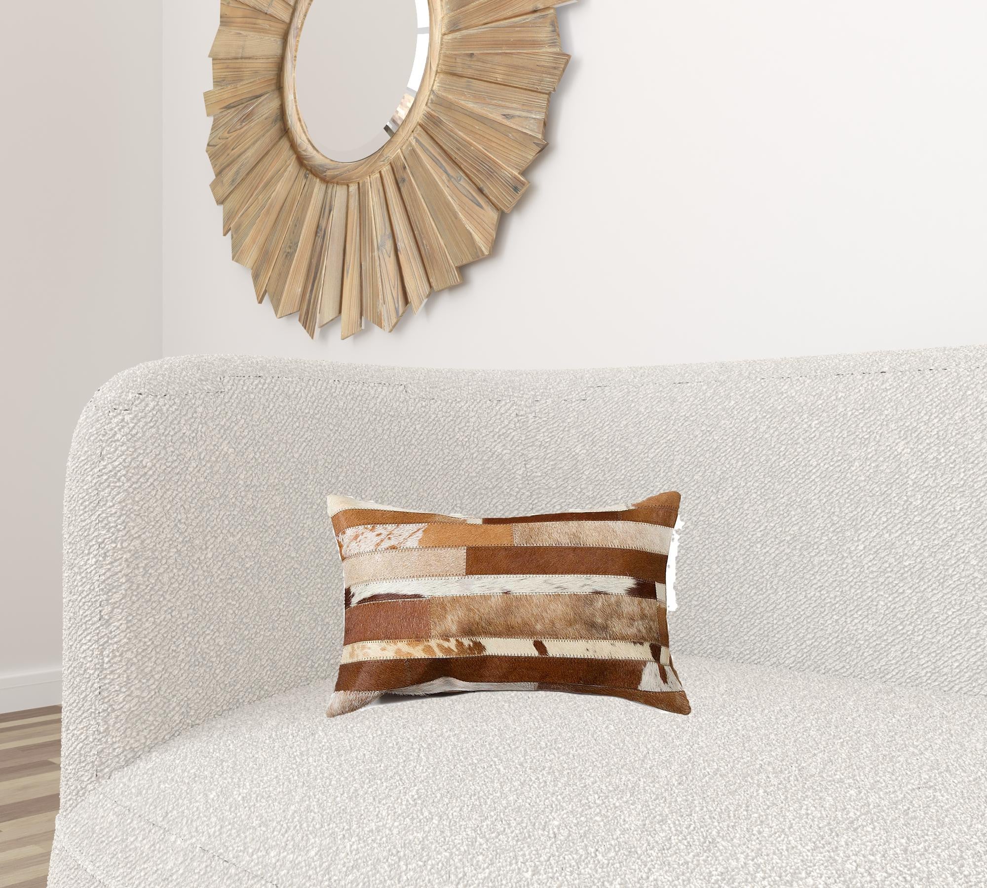 White And Brown Cowhide Pillow - 12" x 20" x 5"