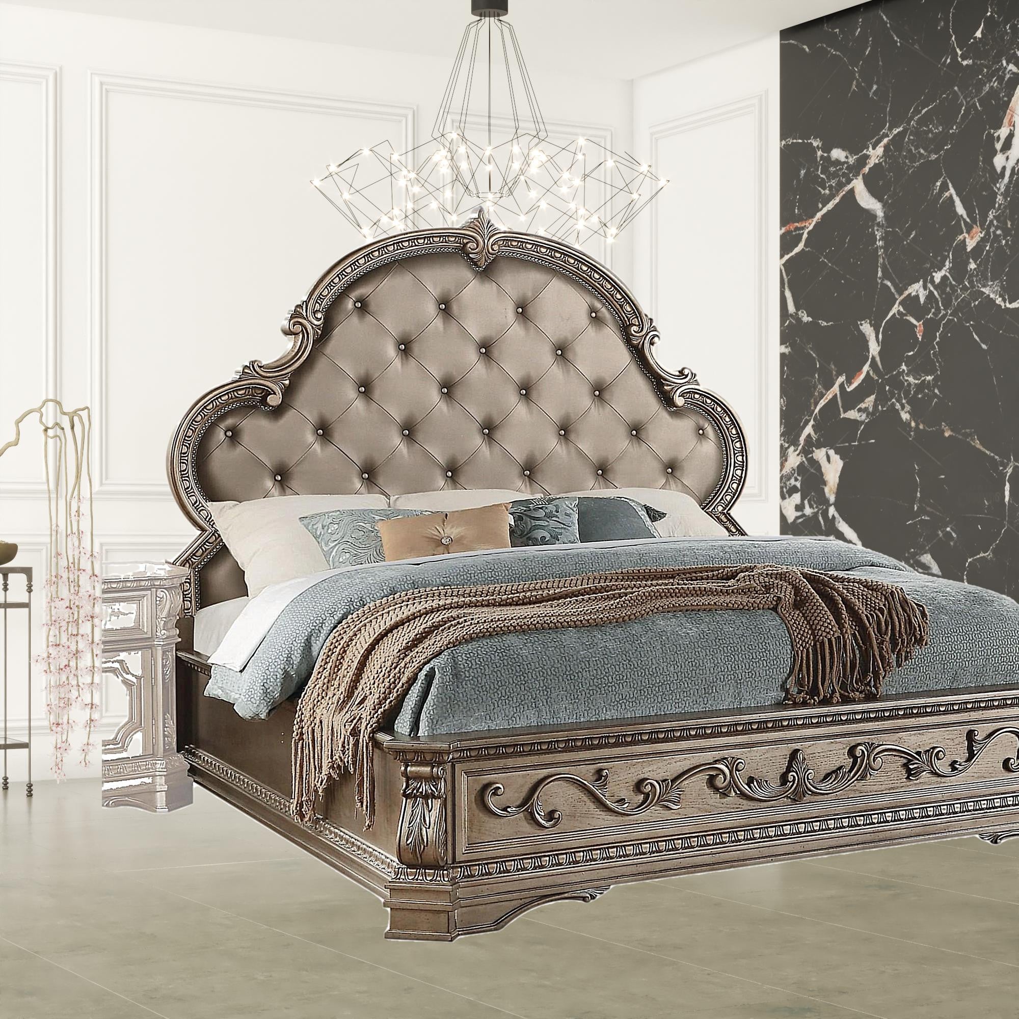 90" X 84" X 76" Pu Antique Champagne Eastern King Bed
