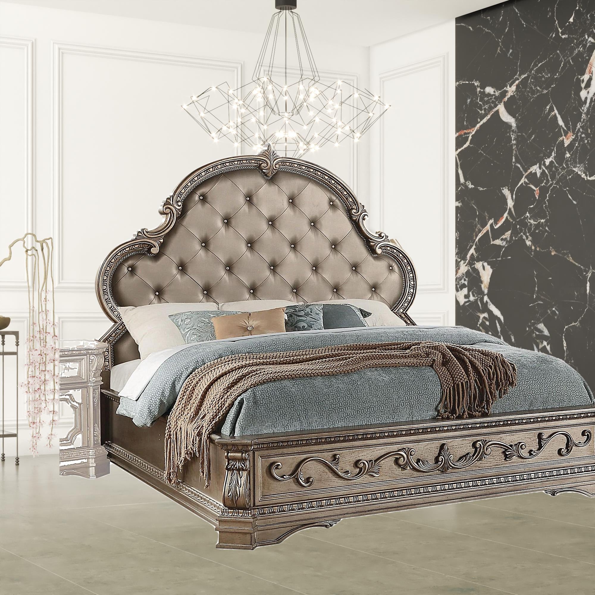 90" X 84" X 76" Pu Antique Champagne Eastern King Bed