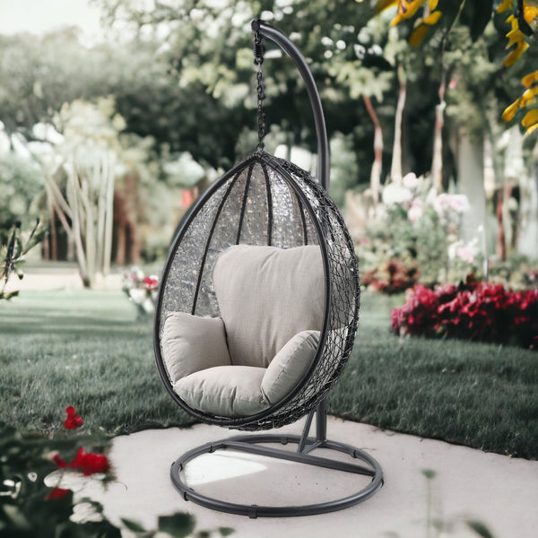 Beige And Black Hanging Pod Wicker Patio Swing Chair