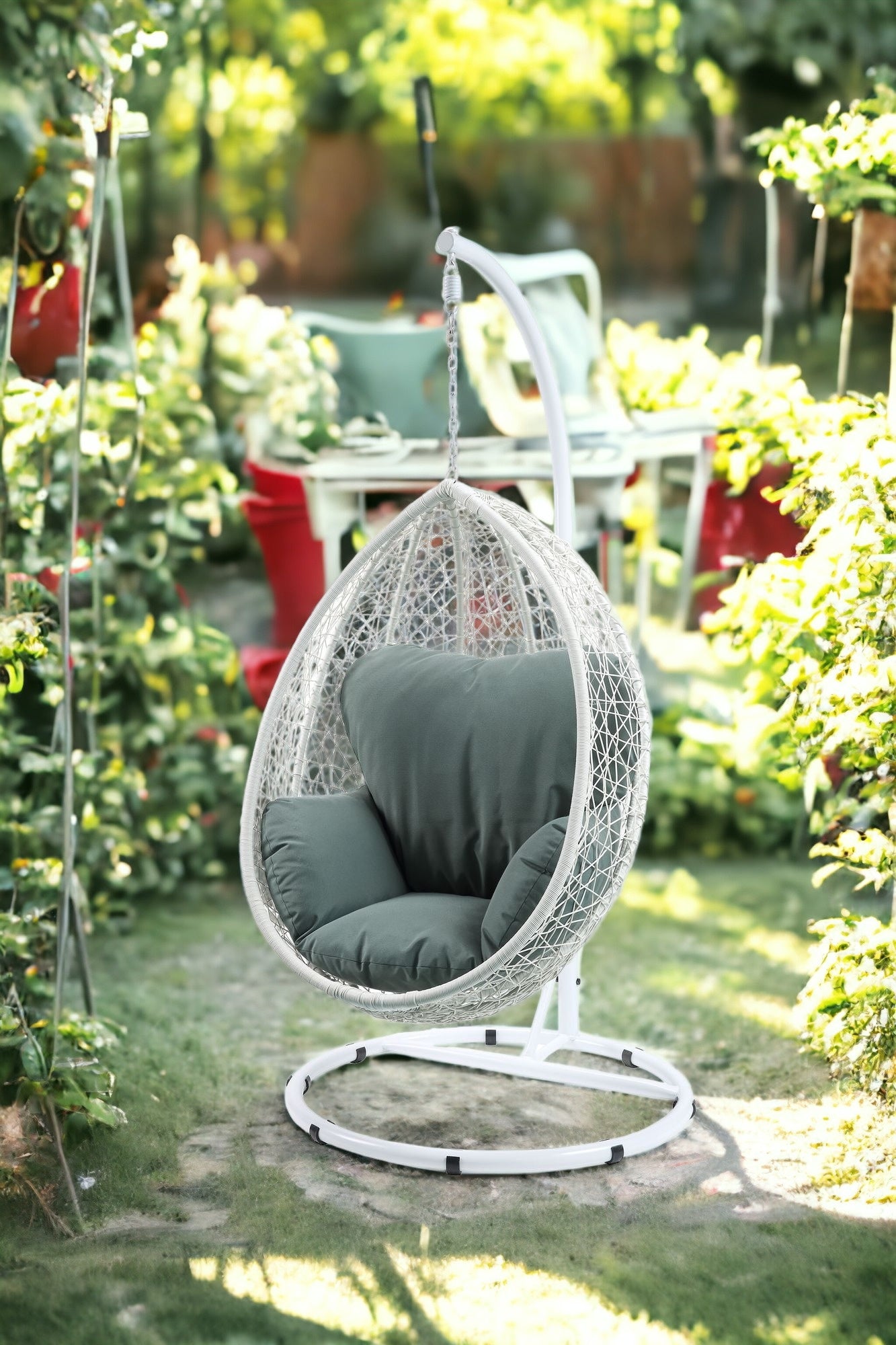 Beige And Black Hanging Pod Wicker Patio Swing Chair
