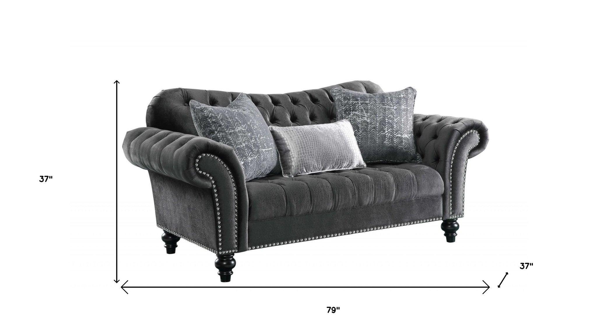Dark Gray Velvet Loveseat W3 Pillows - 79" x 37" x 37"