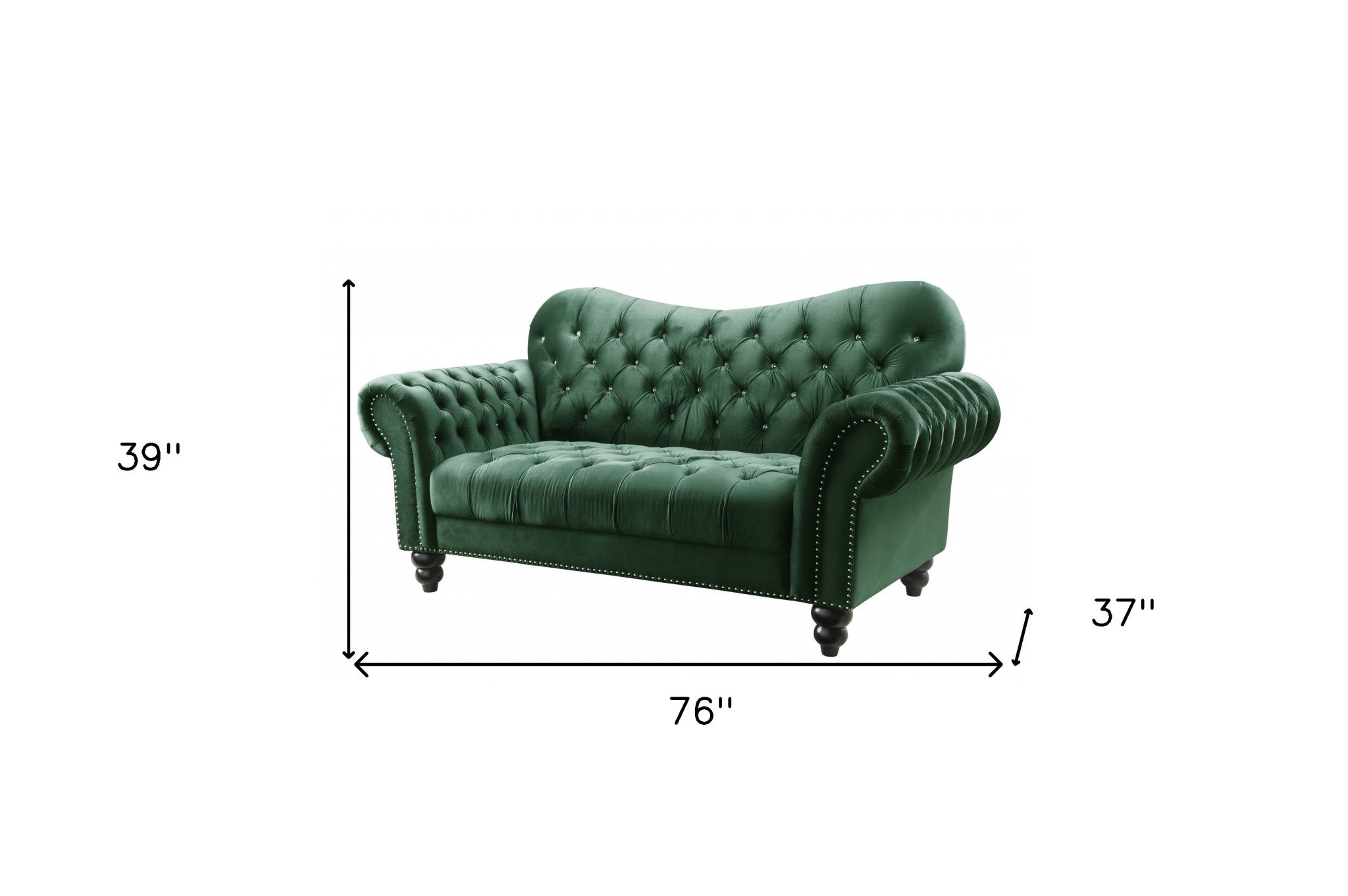 76" X 37" X 39" Green Velvet Loveseat