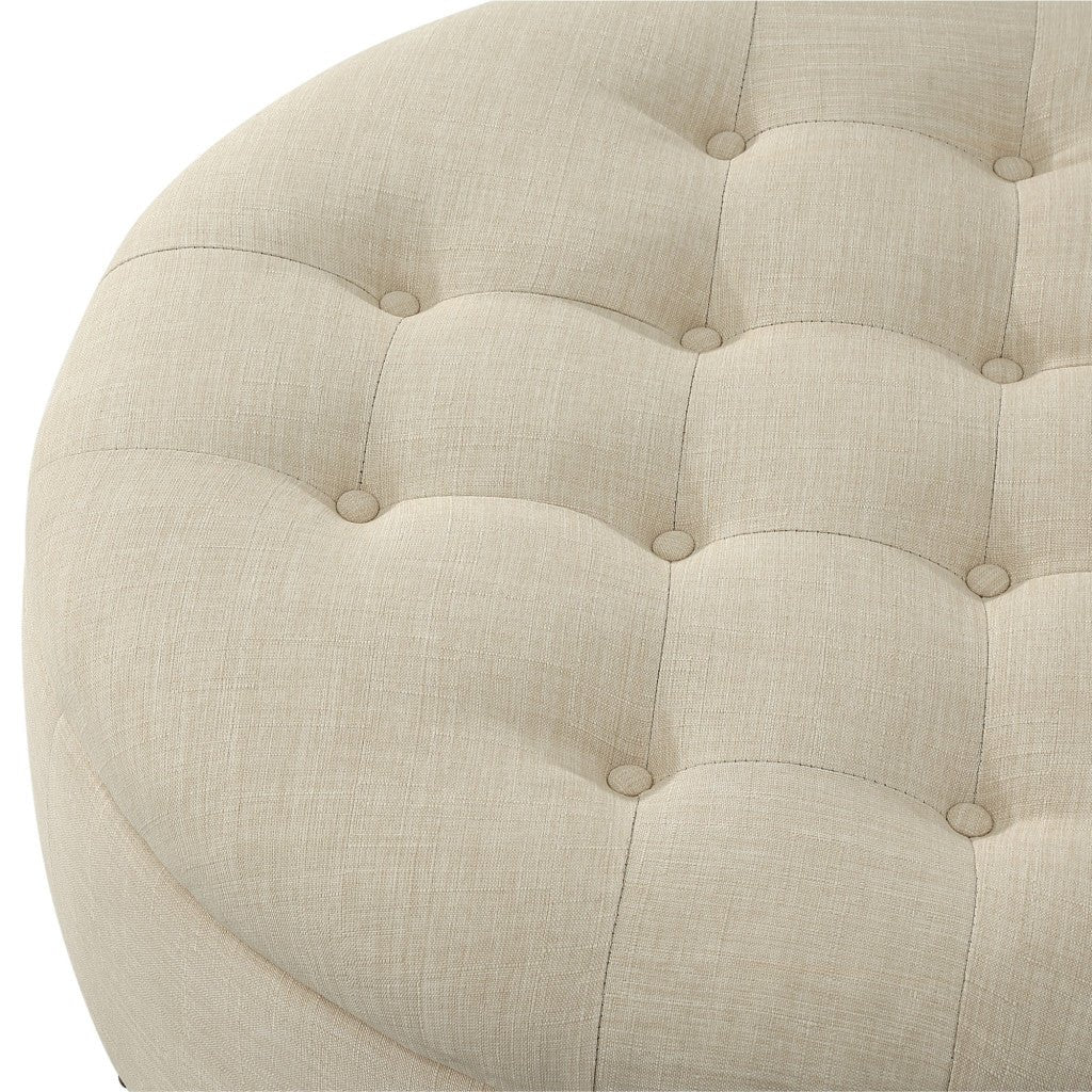 32" Beige 100% Linen With Caster Tufted Round Storage Ottoman