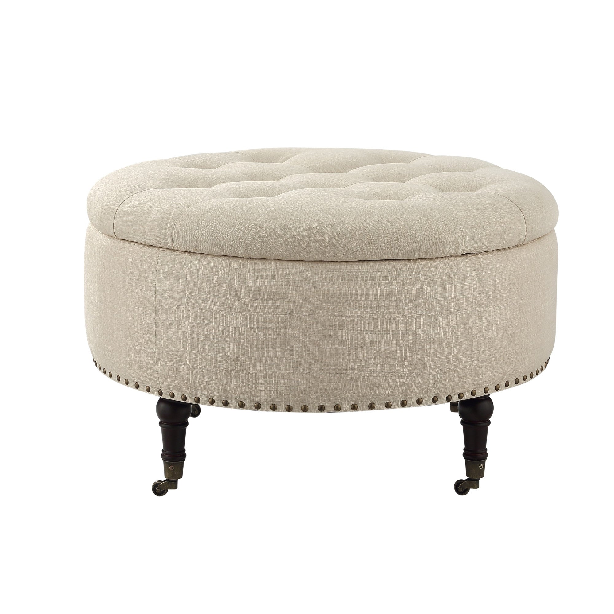 32" Beige 100% Linen With Caster Tufted Round Storage Ottoman