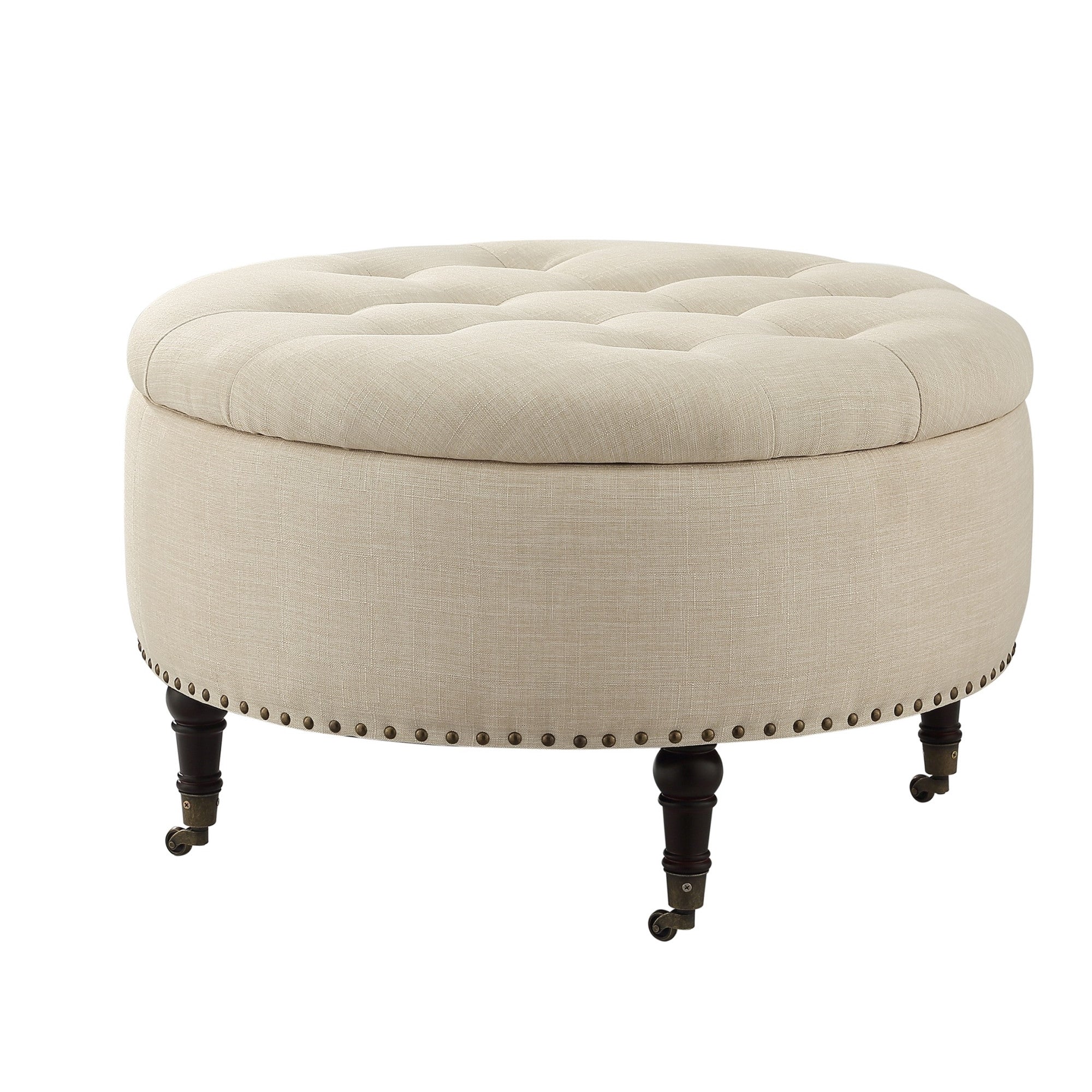 32" Beige 100% Linen With Caster Tufted Round Storage Ottoman