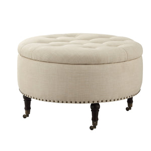 32" Beige 100% Linen With Caster Tufted Round Storage Ottoman