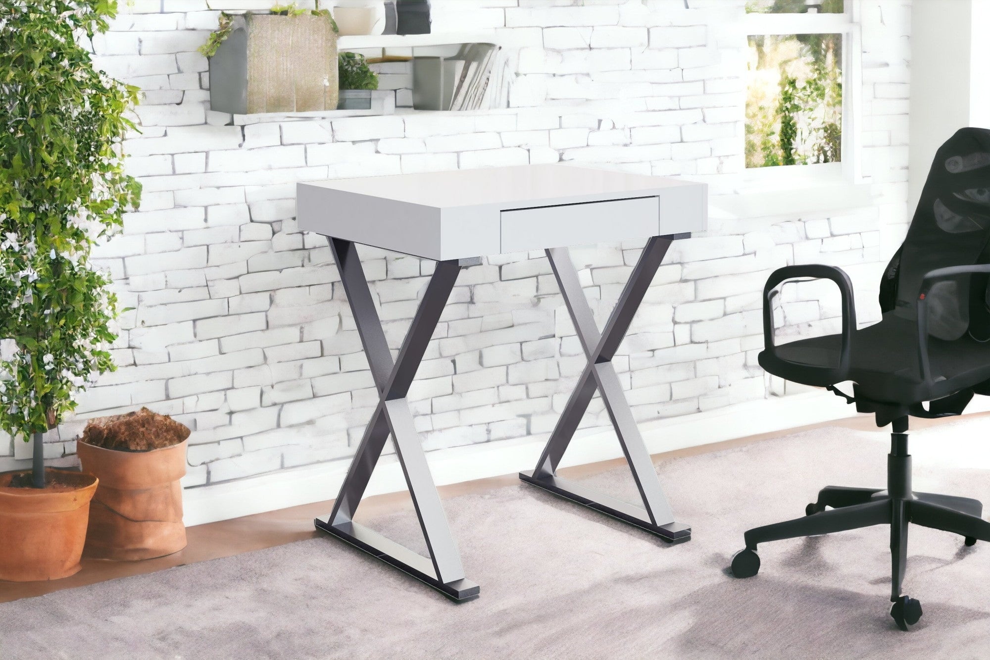 Desk Small High Gloss White One Drawer Stainless Steel Base