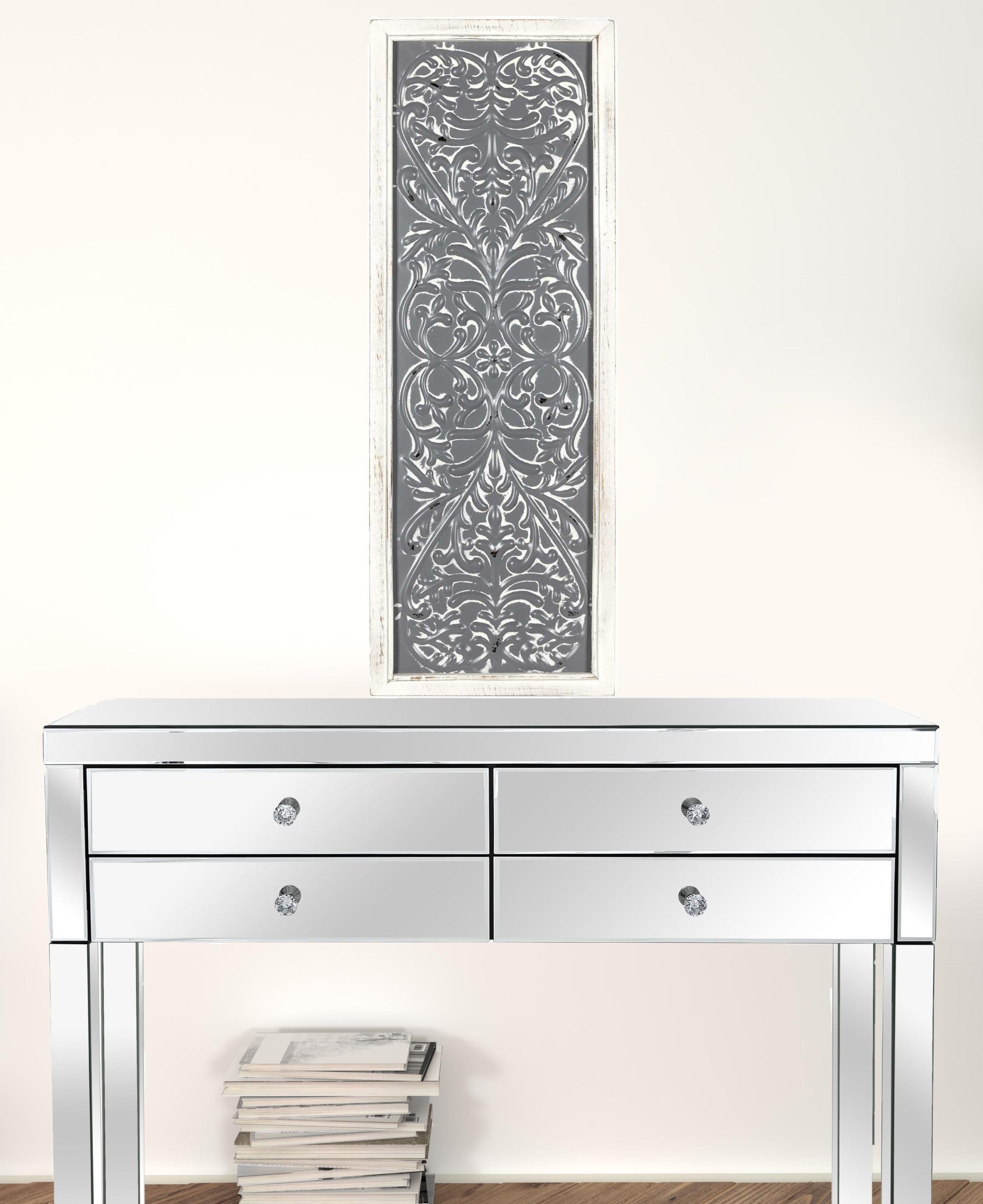 Distressed Gray Metal Embossed Wood Wall Decor