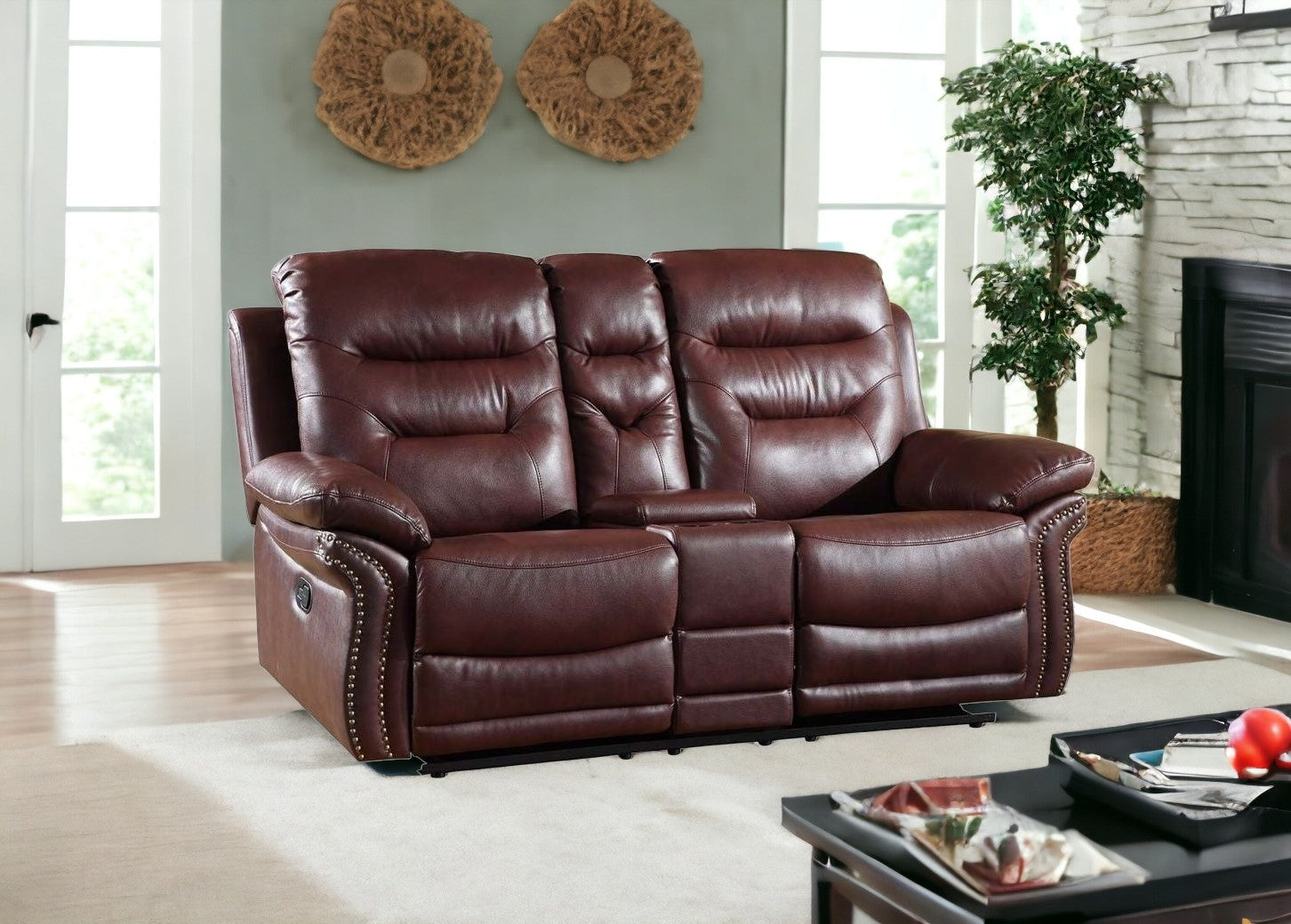 44" Comfortable Burgundy Leather Console Loveseat
