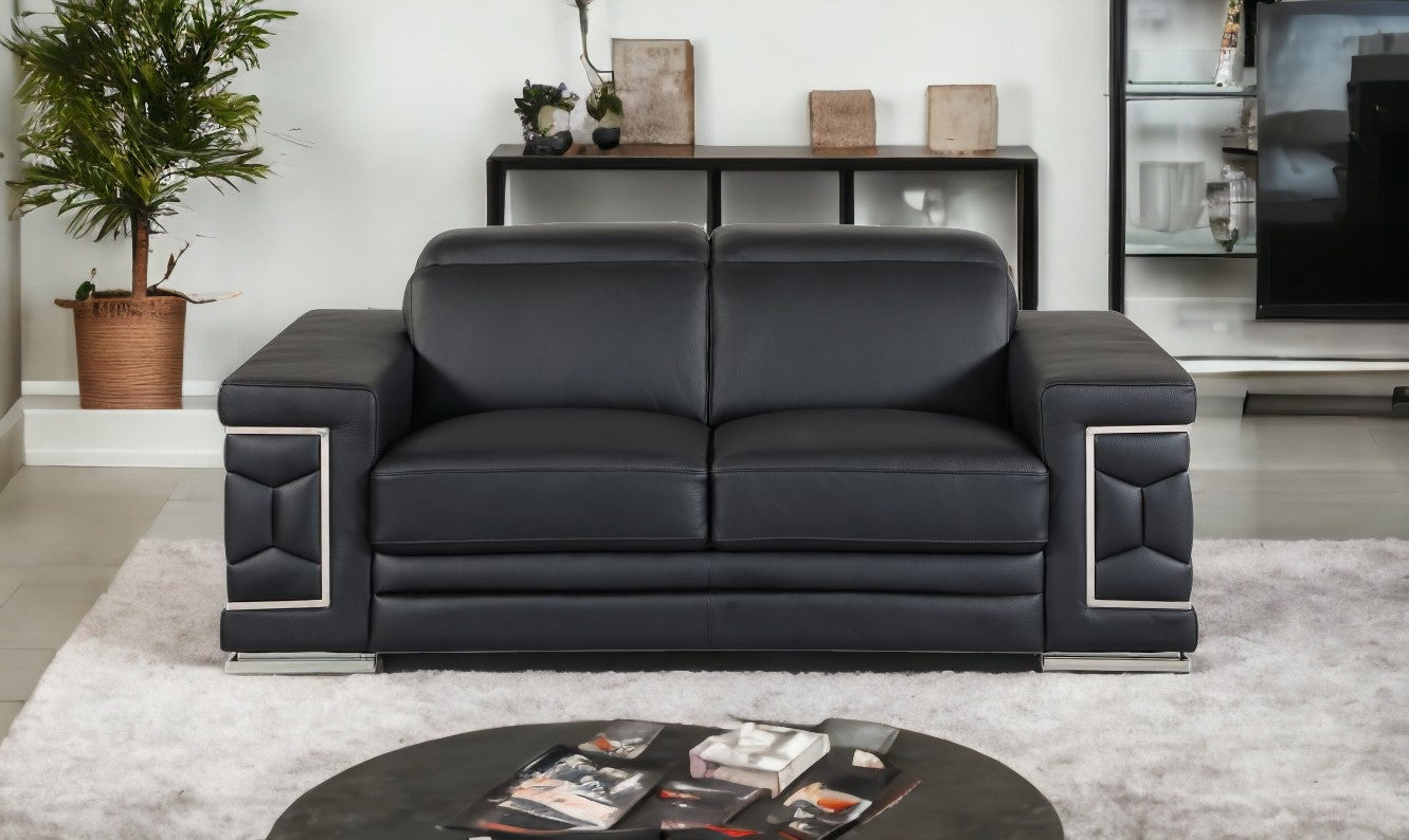 71" Sturdy Black Leather Loveseat