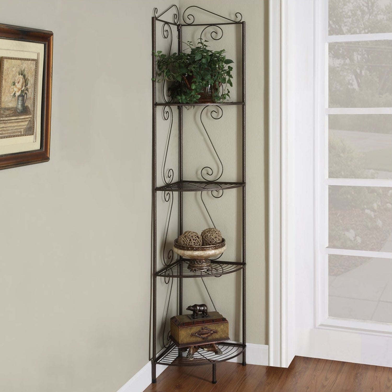 15" X 22.5" X 70" Brown Metal Corner Shelf  Bookcase