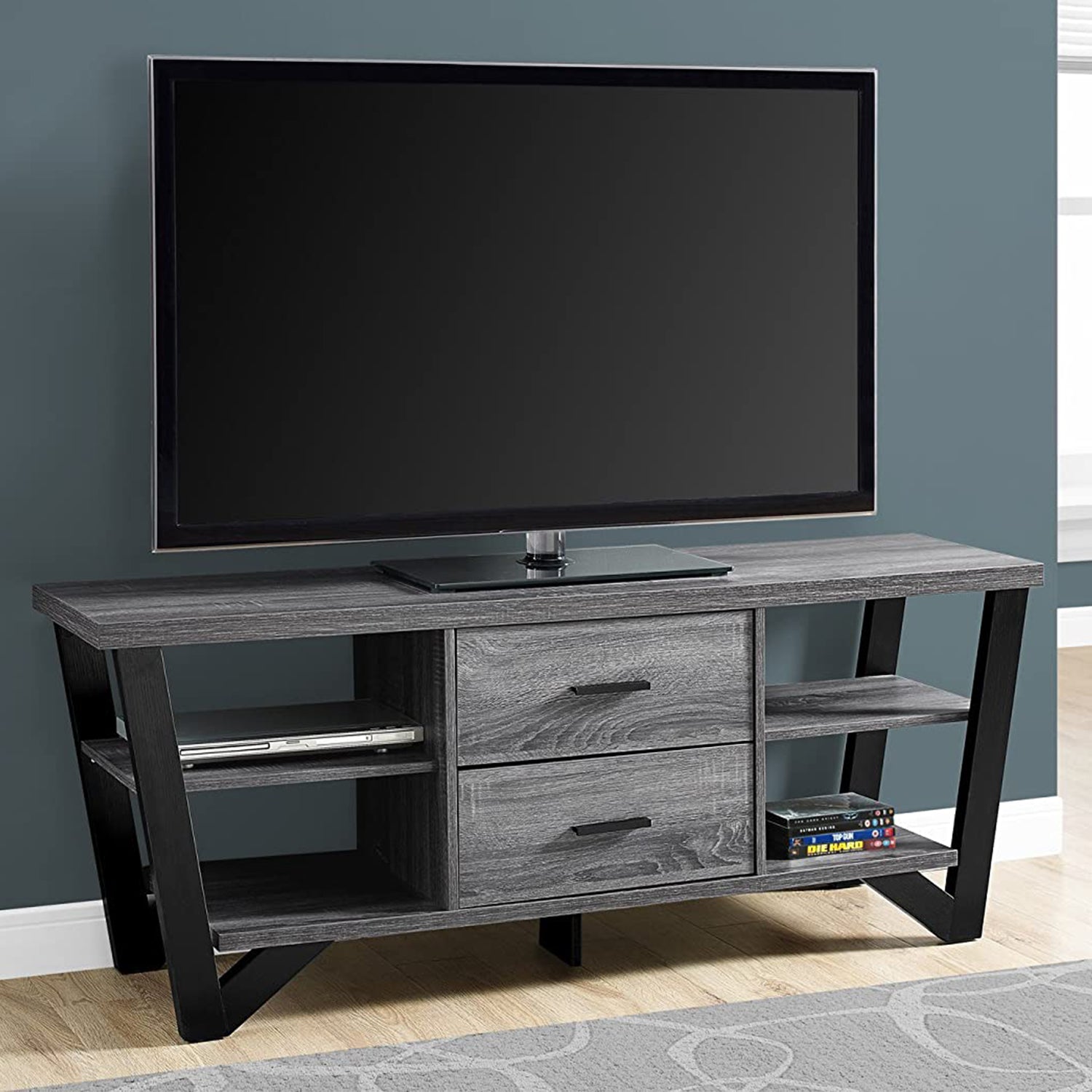 15.5" X 60" X 23" Grey Black Particle Board Hollow Core Metal Tv Stand With 2 Drawers