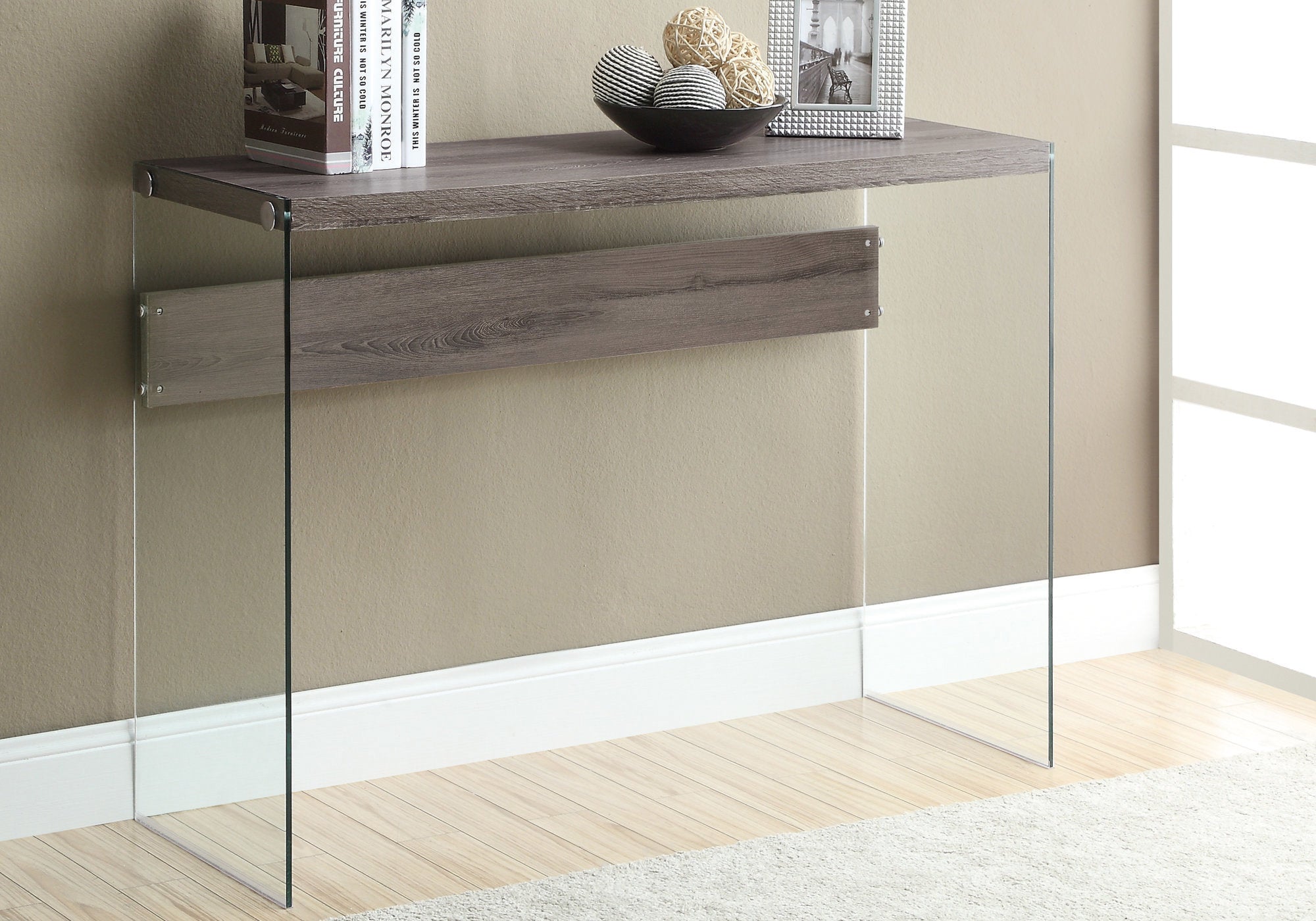 15.75" X 44" X 32" Dark Taupe Clear Particle Board Tempered Glass  Accent Table