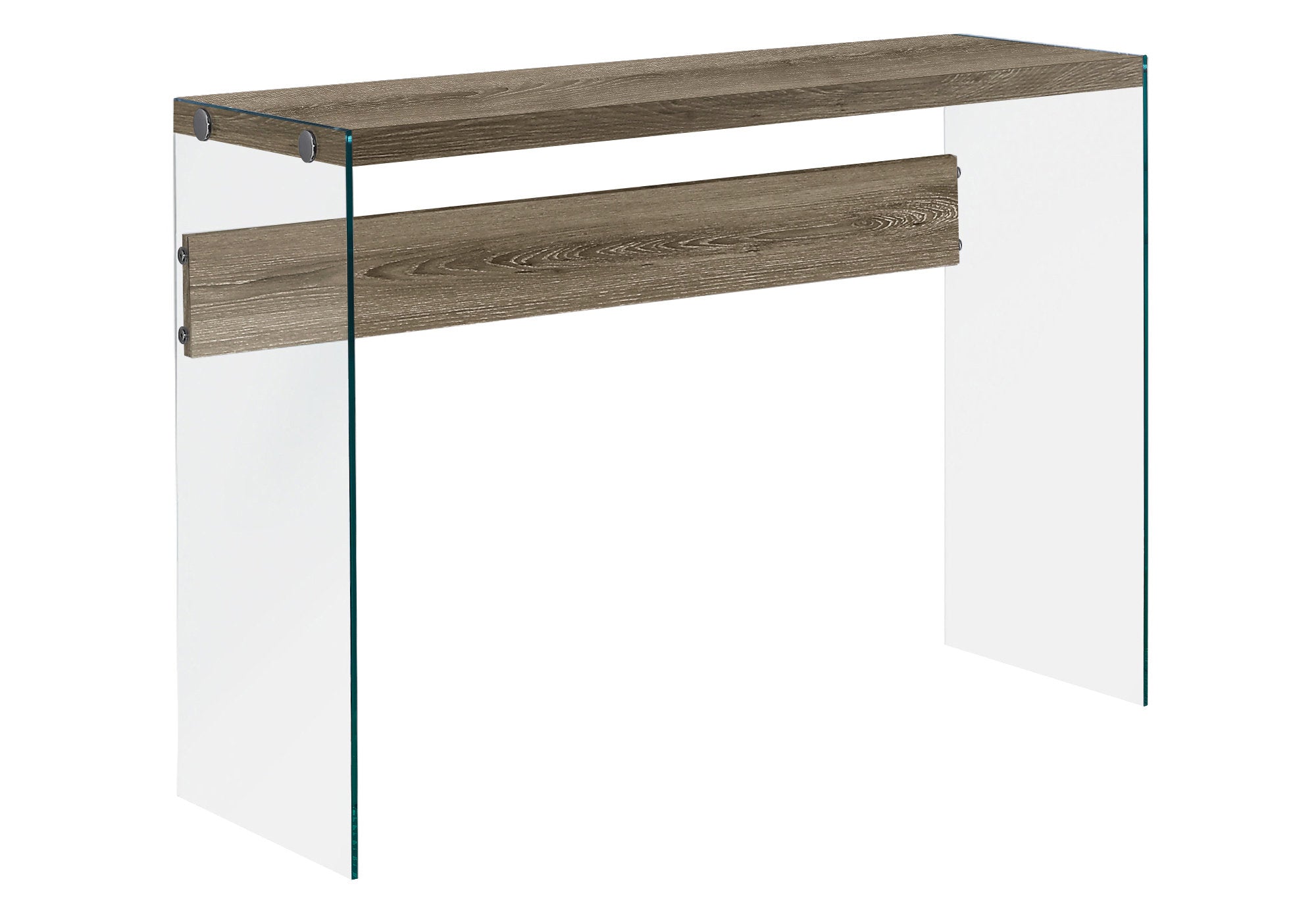 15.75" X 44" X 32" Dark Taupe Clear Particle Board Tempered Glass  Accent Table