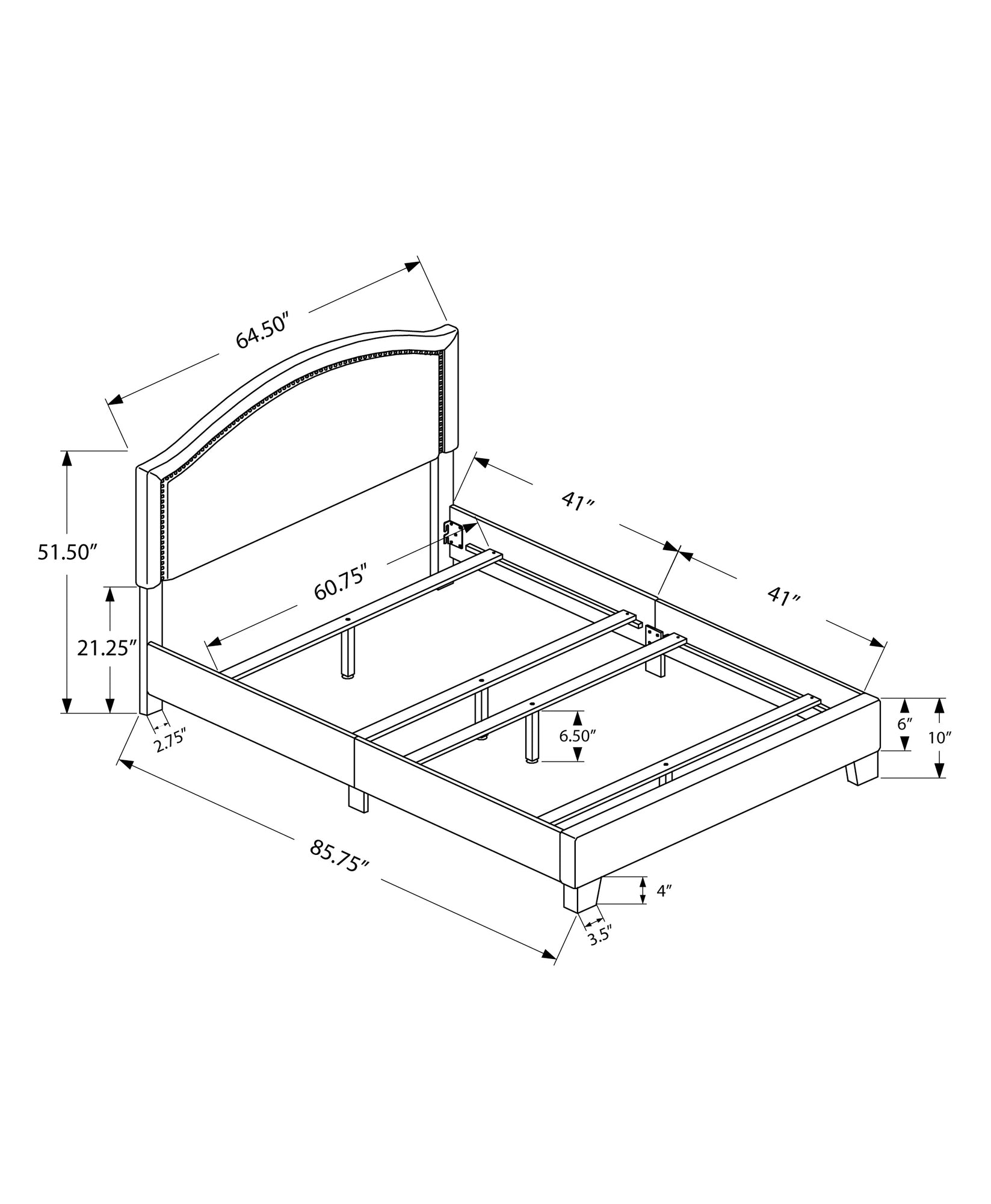 64.5" X 85.75" X 51.5" Grey Foam Solid Wood Linen  Queen Size Bed