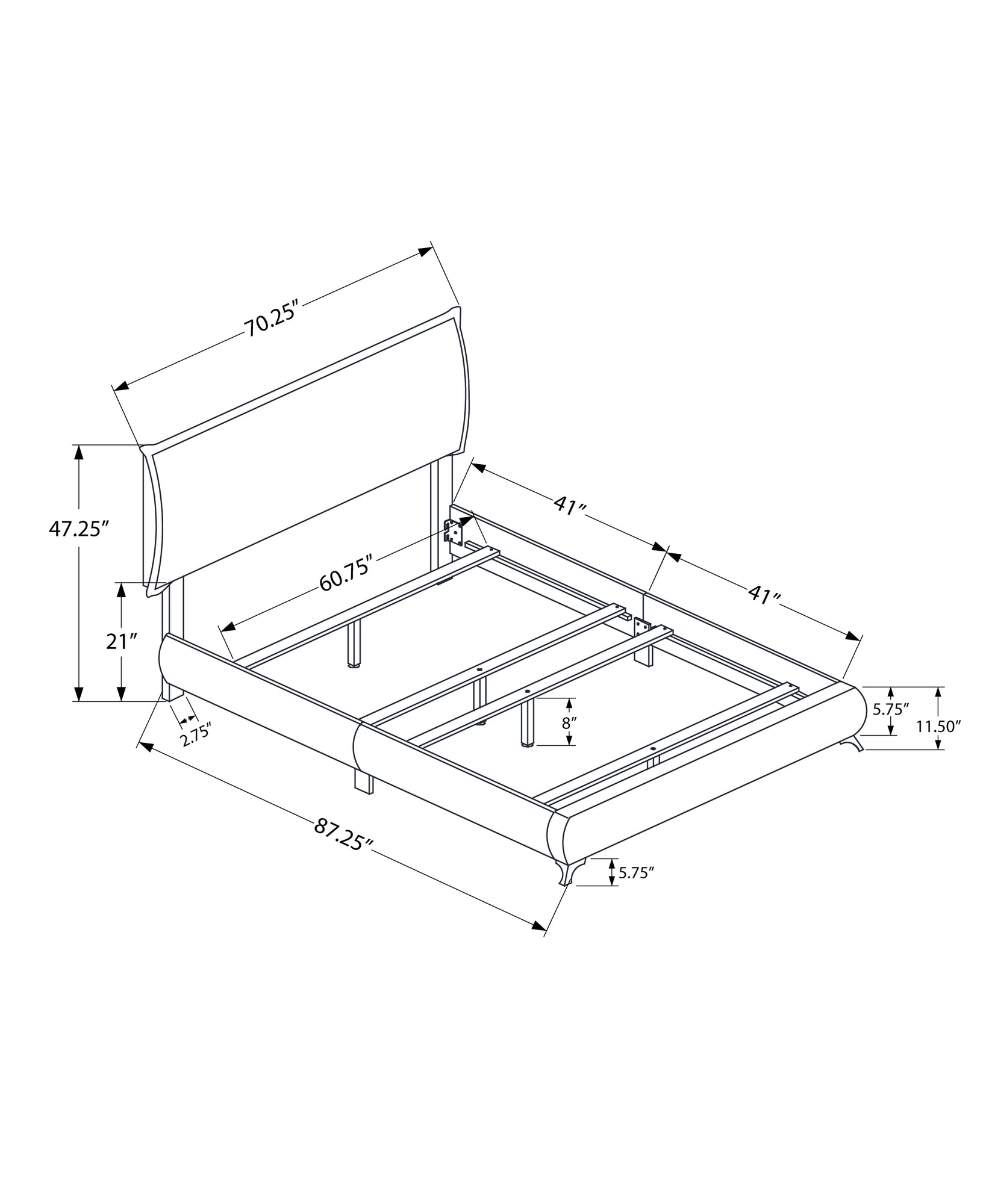 70.25" X 87.25" X 47.25" Grey Foam Solid Wood Linen Queen Size Bed