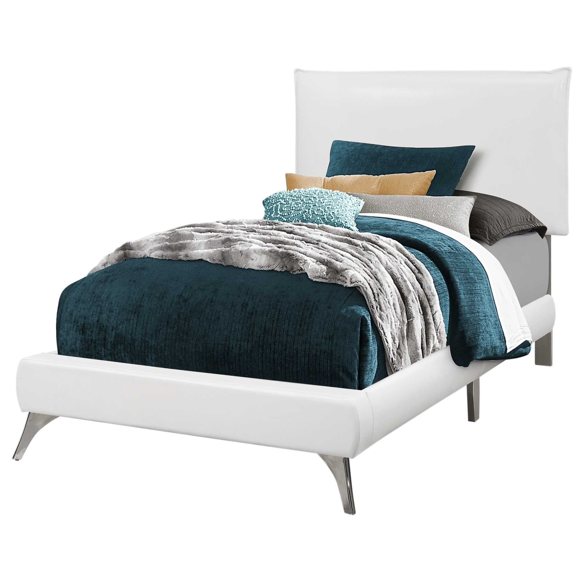 47.25" White Solid Wood Mdf Foam And Linen Twin Sized Bed With Chrome Legs