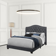 Tufted Light Gray Standard Bed Upholstered With Nailhead Trim And With Headboard