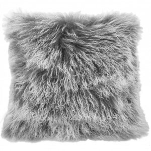 24" Grey Genuine Tibetan Lamb Fur Pillow With Microsuede Backing
