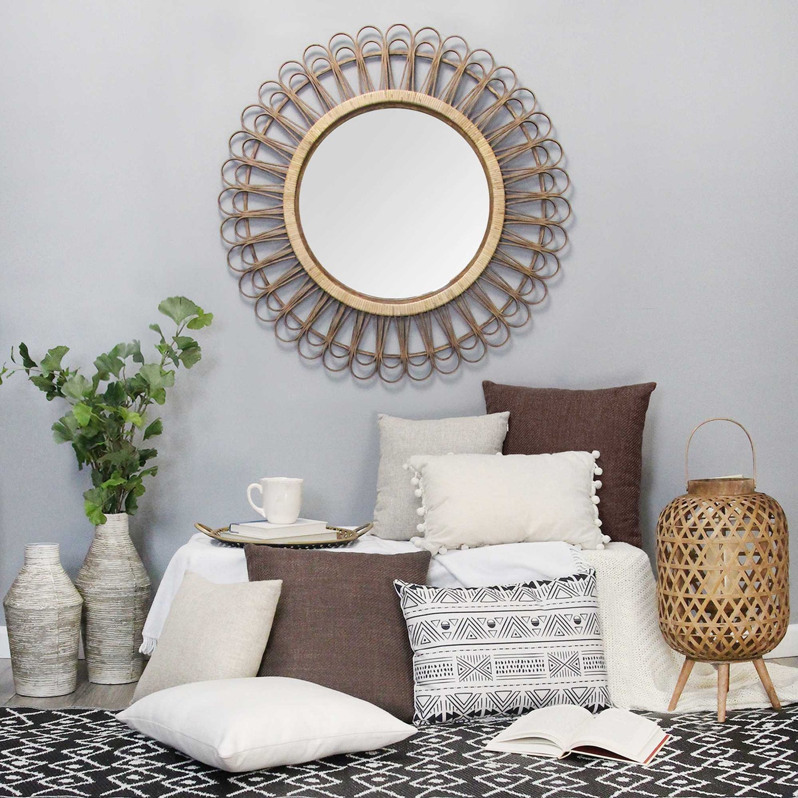 Bamboo Tulum Rattan Decorative Wall Mirror 34 Inch