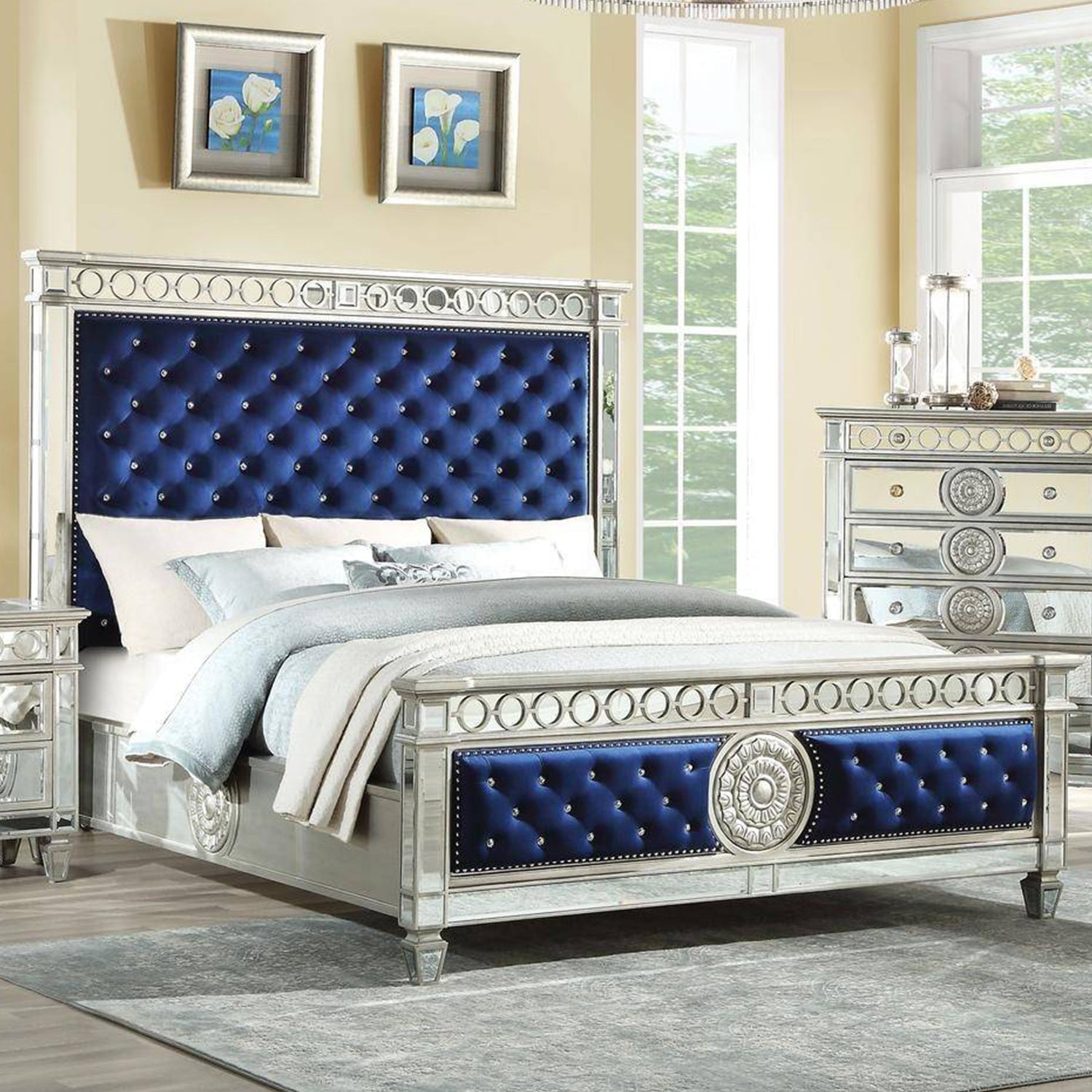 84" X 90" X 72" Blue Velvet Wood Mirror Upholstered (Hbfb) King Bed