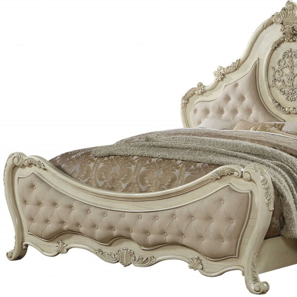Beige Linen Antique White Wood Upholstery Queen Bed - 73" x 89" x 76"