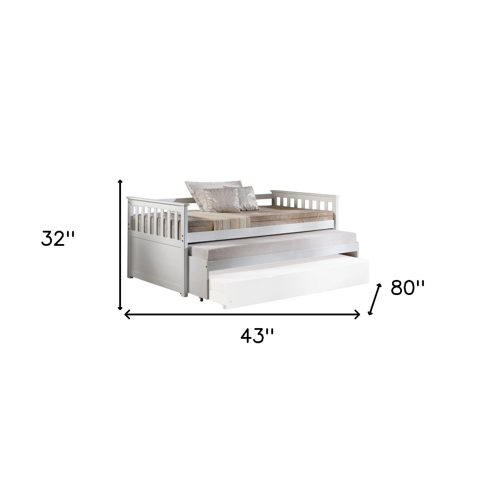 43" X 80" X 32" White Wood Daybed  Pull-Out Bed