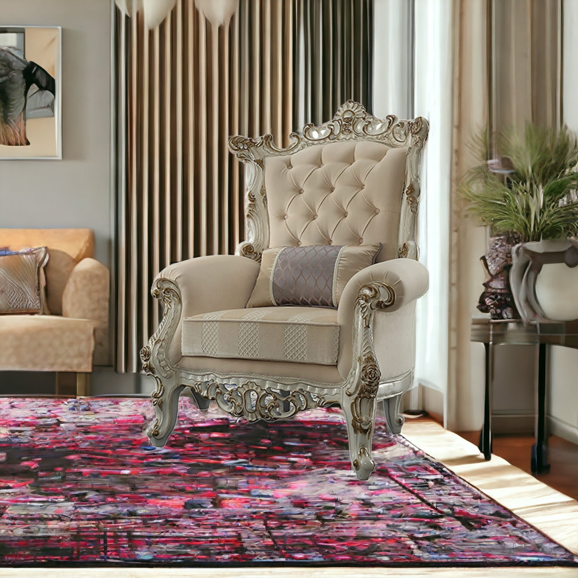 38" X 38" X 52" Fabric Antique Pearl Upholstery Poly-Resin Accent Chair W1 Pillow