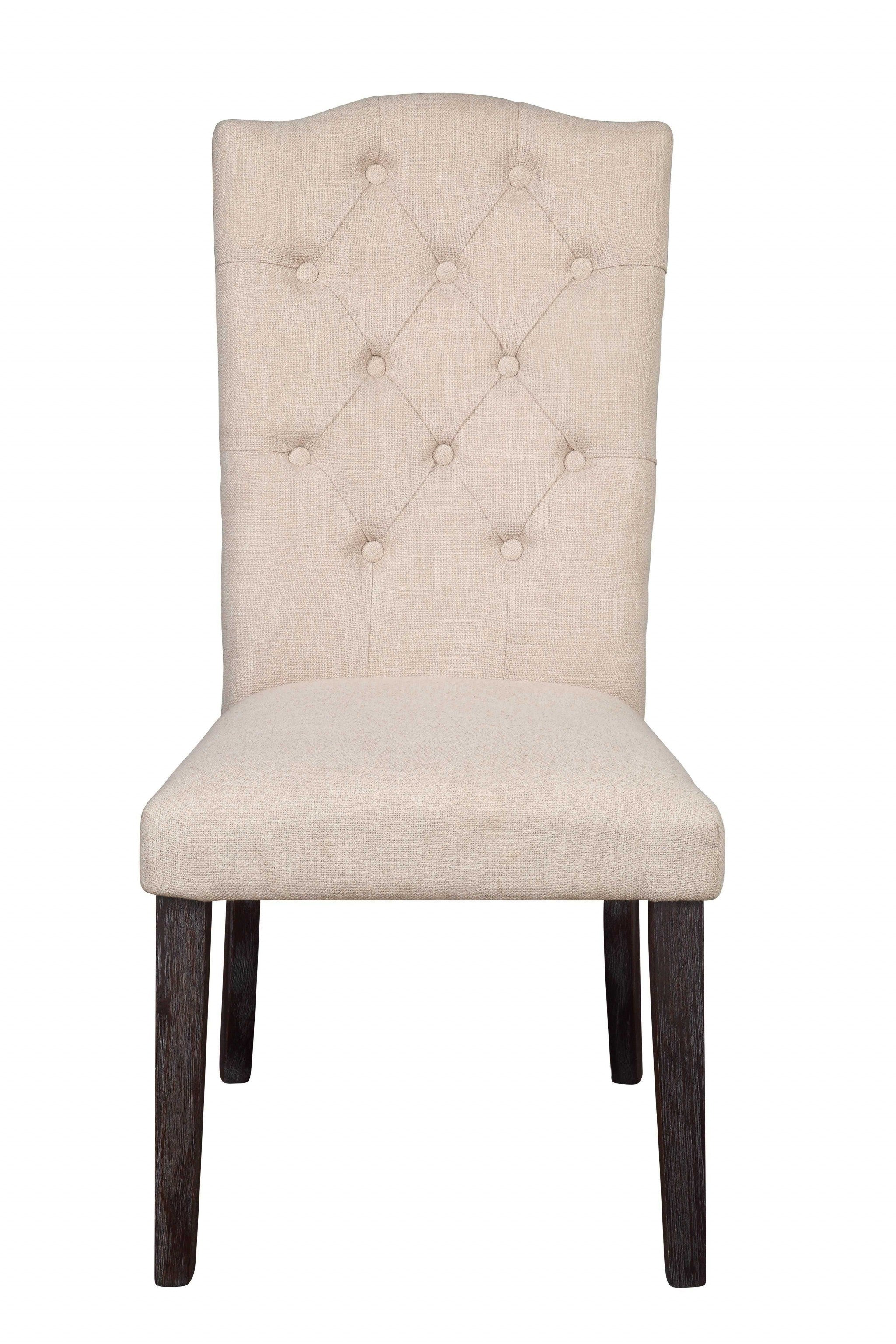 Set Of Two Beige And Espresso Upholstered Fabric Dining Chairs