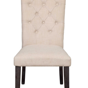 Set Of Two Beige And Espresso Upholstered Fabric Dining Chairs