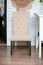Set Of Two Beige And Espresso Upholstered Fabric Dining Chairs