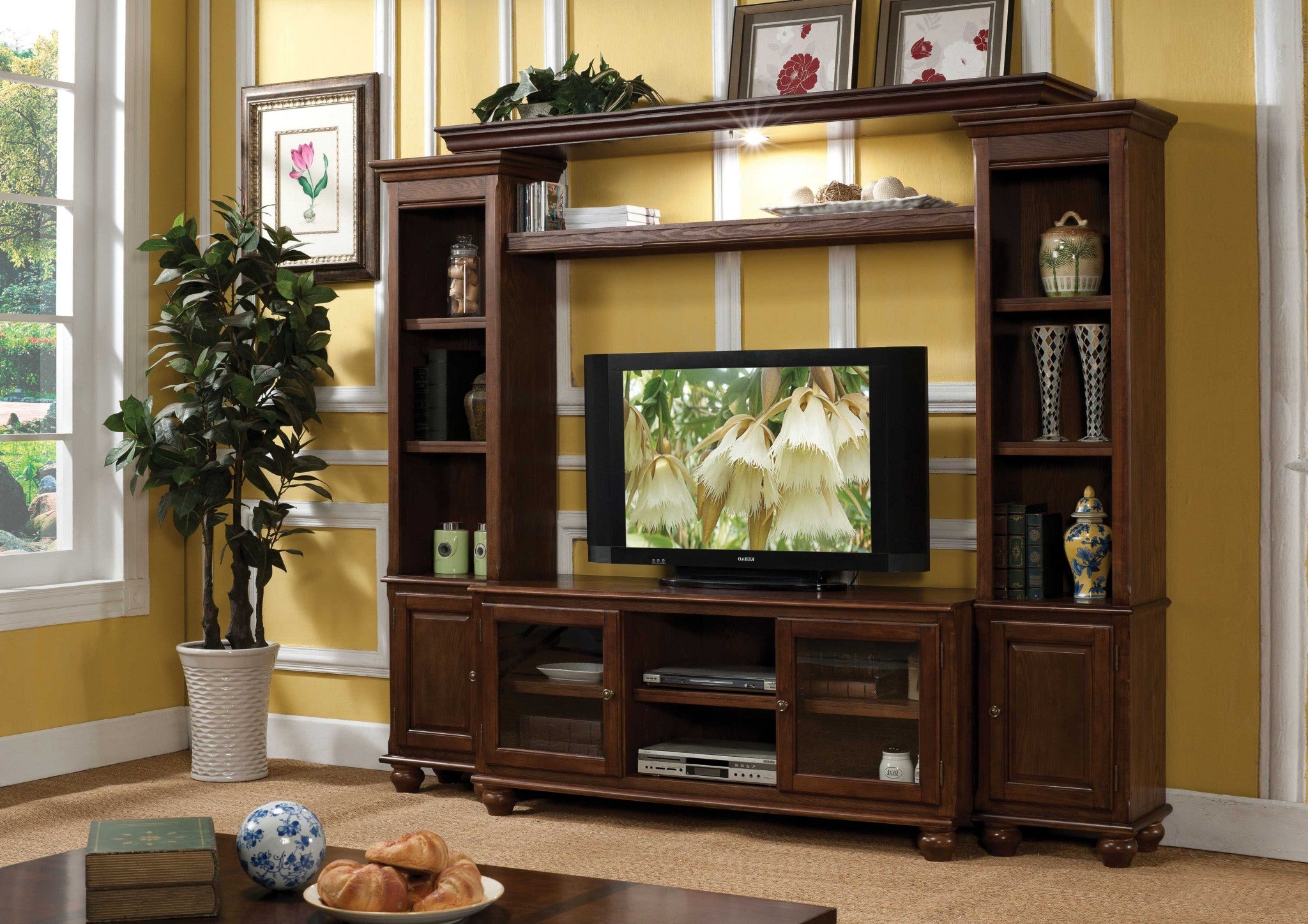 Soporte de TV de vidrio de madera de nogal de 19 "X 58" X 26 "(soporte de TV)