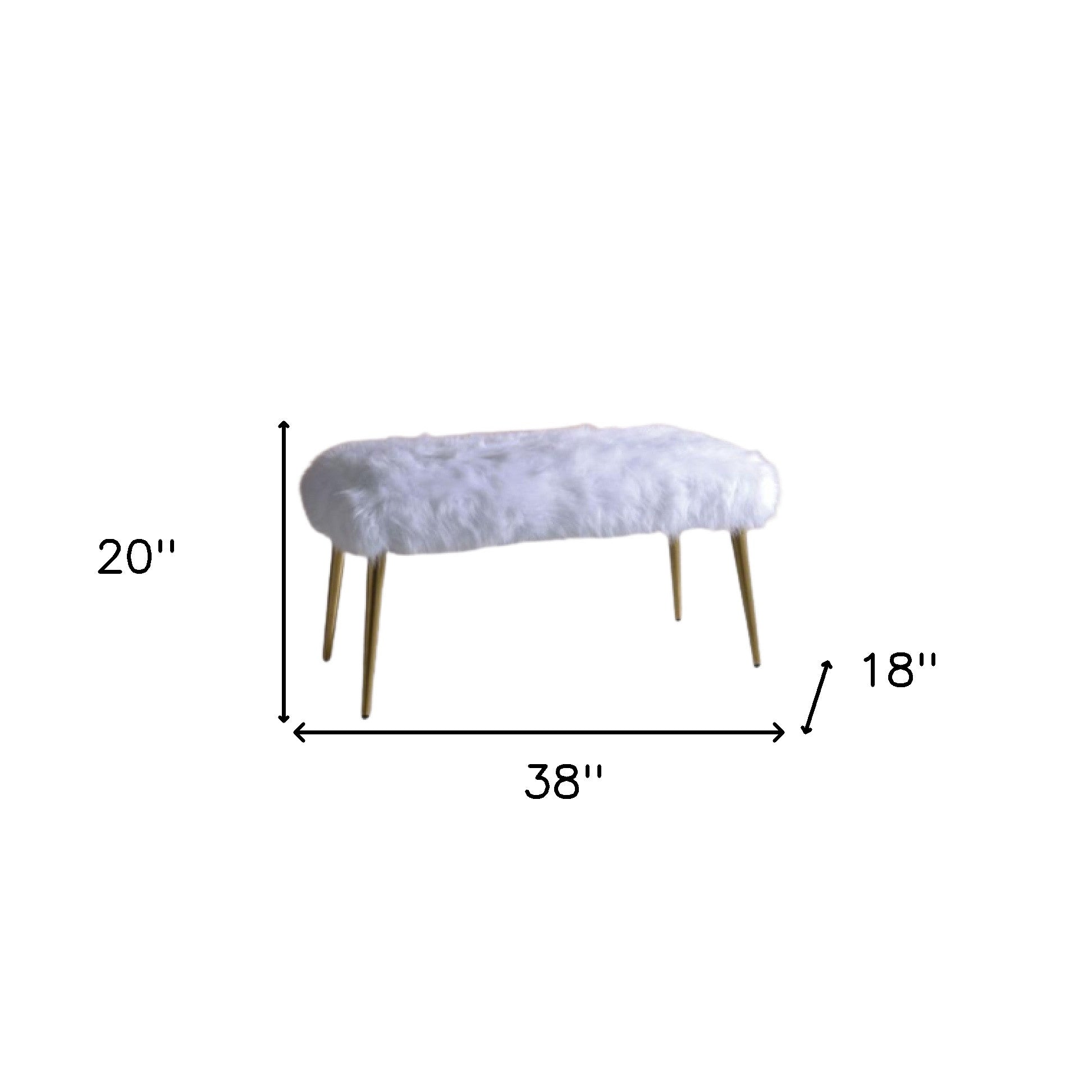 18" X 38" X 20" White Faux Fur Gold Metal Upholstered (Seat) Bench