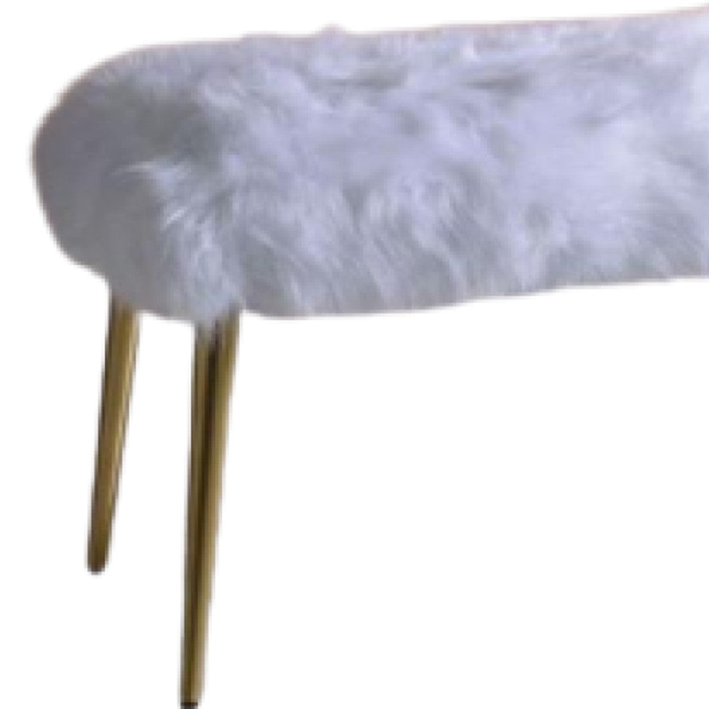 18" X 38" X 20" White Faux Fur Gold Metal Upholstered (Seat) Bench