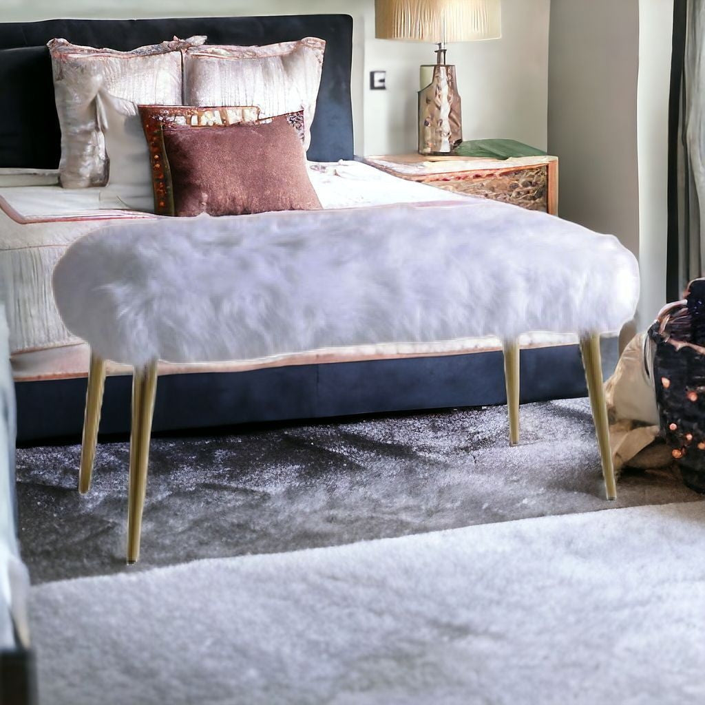 18" X 38" X 20" White Faux Fur Gold Metal Upholstered (Seat) Bench