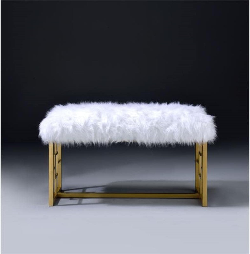 18" X 38" X 20" White Faux Fur Gold Metal Upholstered (Seat) Bench