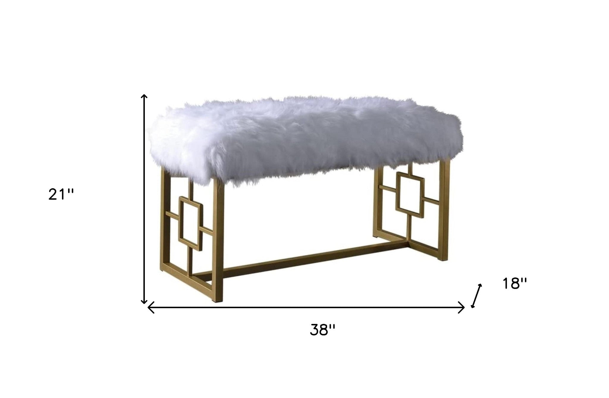 18" X 38" X 20" White Faux Fur Gold Metal Upholstered (Seat) Bench