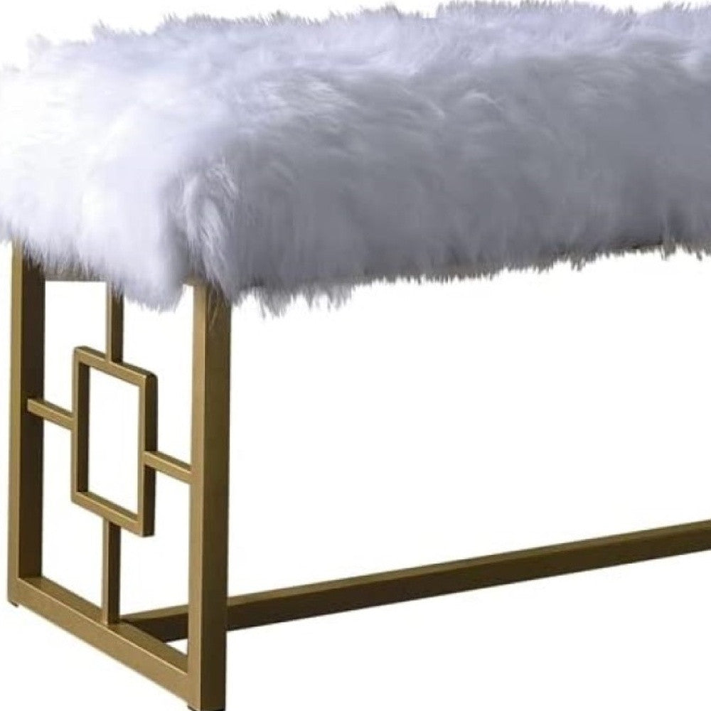 18" X 38" X 20" White Faux Fur Gold Metal Upholstered (Seat) Bench