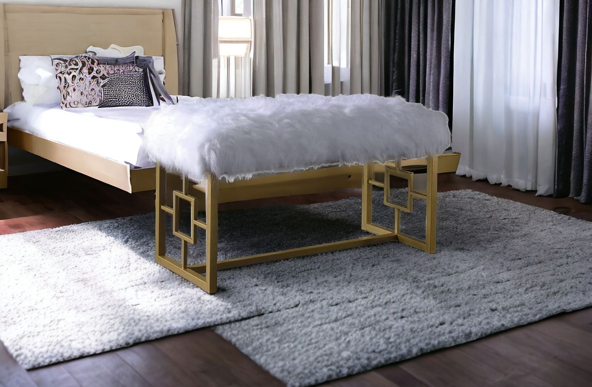 18" X 38" X 20" White Faux Fur Gold Metal Upholstered (Seat) Bench