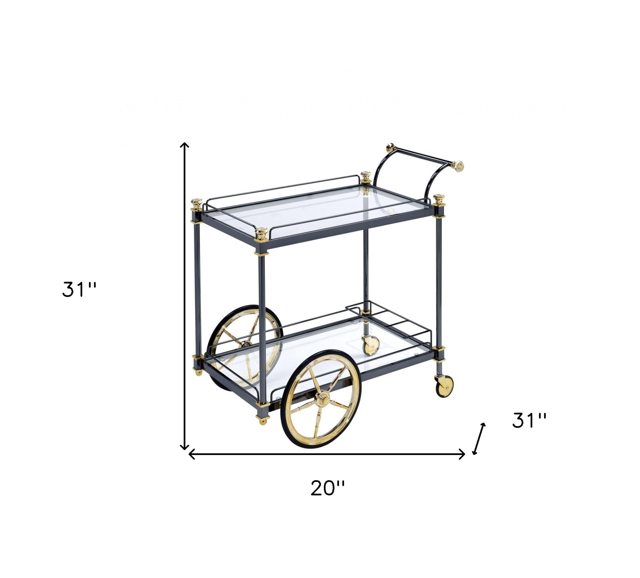 20" X 31" X 31" Black Gold Clear Glass Metal Casters Serving Cart