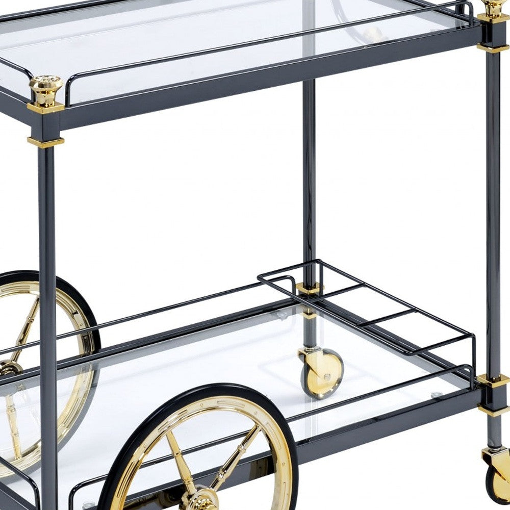 20" X 31" X 31" Black Gold Clear Glass Metal Casters Serving Cart