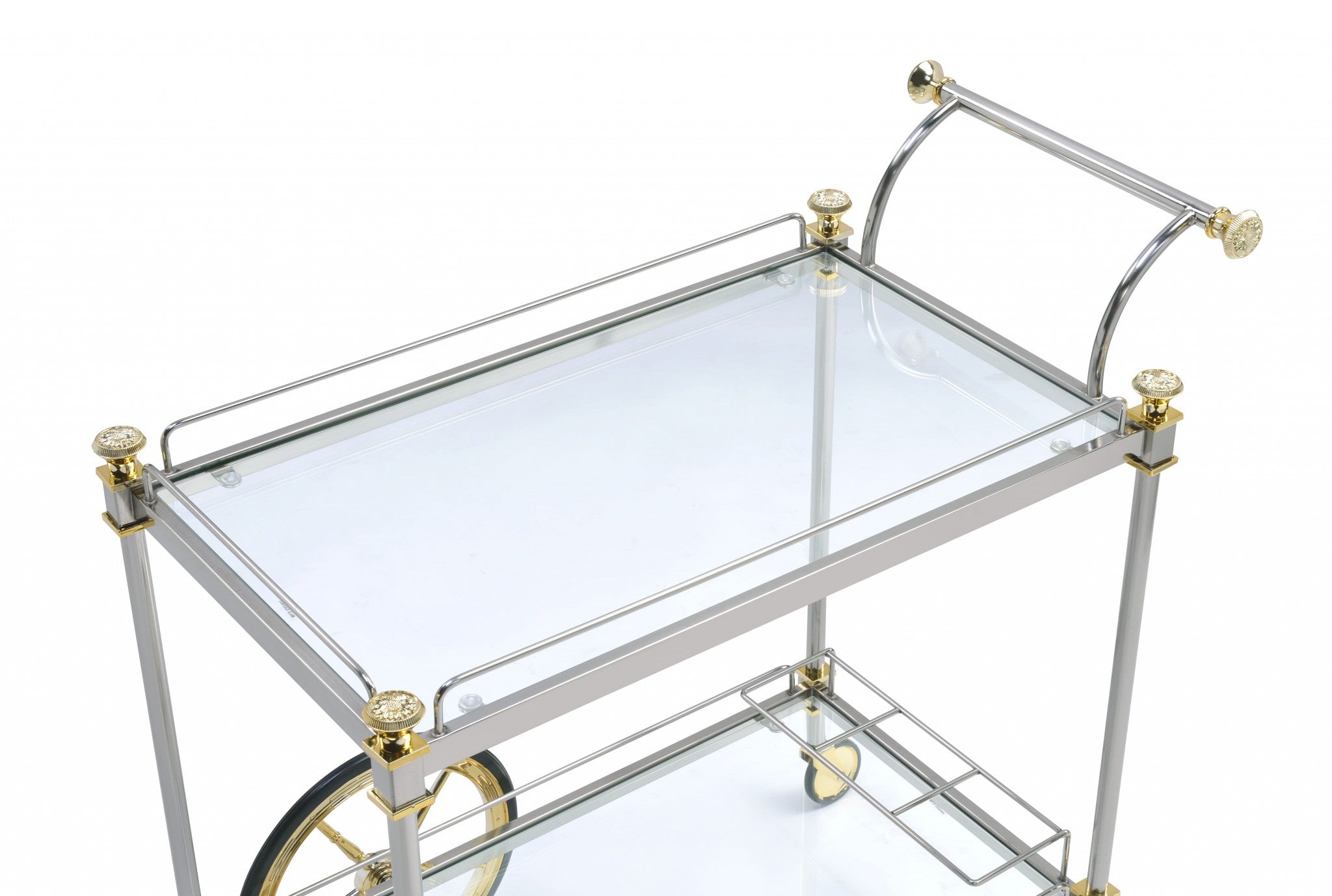 20" X 31" X 31" Black Gold Clear Glass Metal Casters Serving Cart