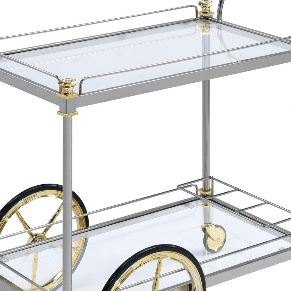 20" X 31" X 31" Black Gold Clear Glass Metal Casters Serving Cart